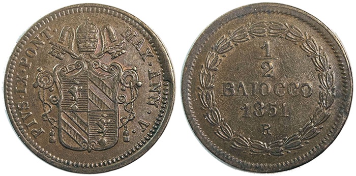 Pius IX 1850 Half Baiocco